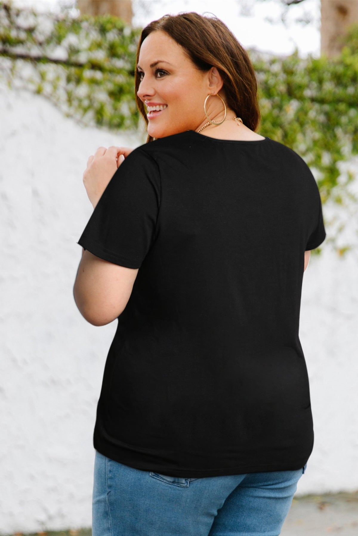 Plus Size Sequin Trim V Neck Chest Pocket Tee