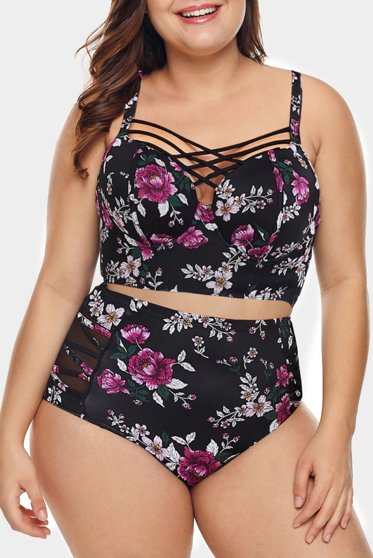 Stylish Print Strappy Push Up Balconette Plus Size Bikini