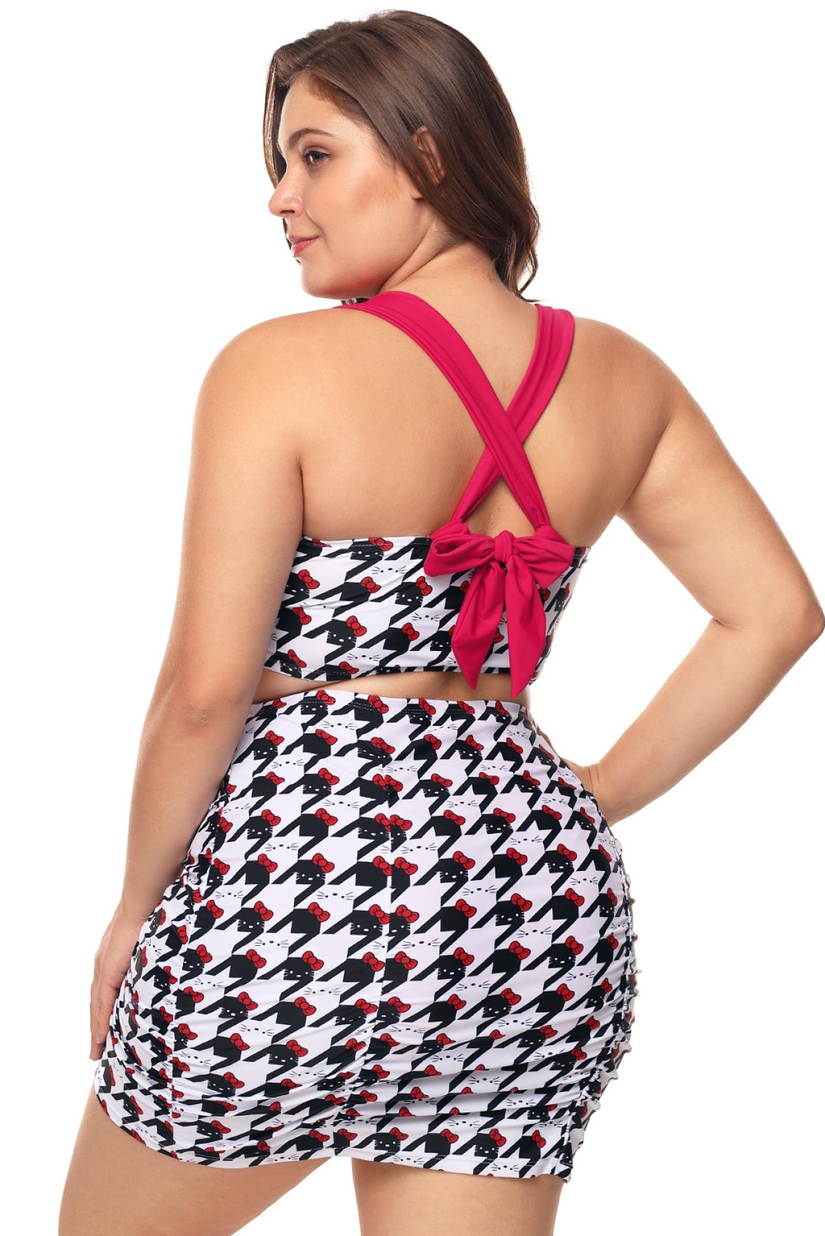 Kitty Print Plus Size Bikini Top With Skirt Swimwear