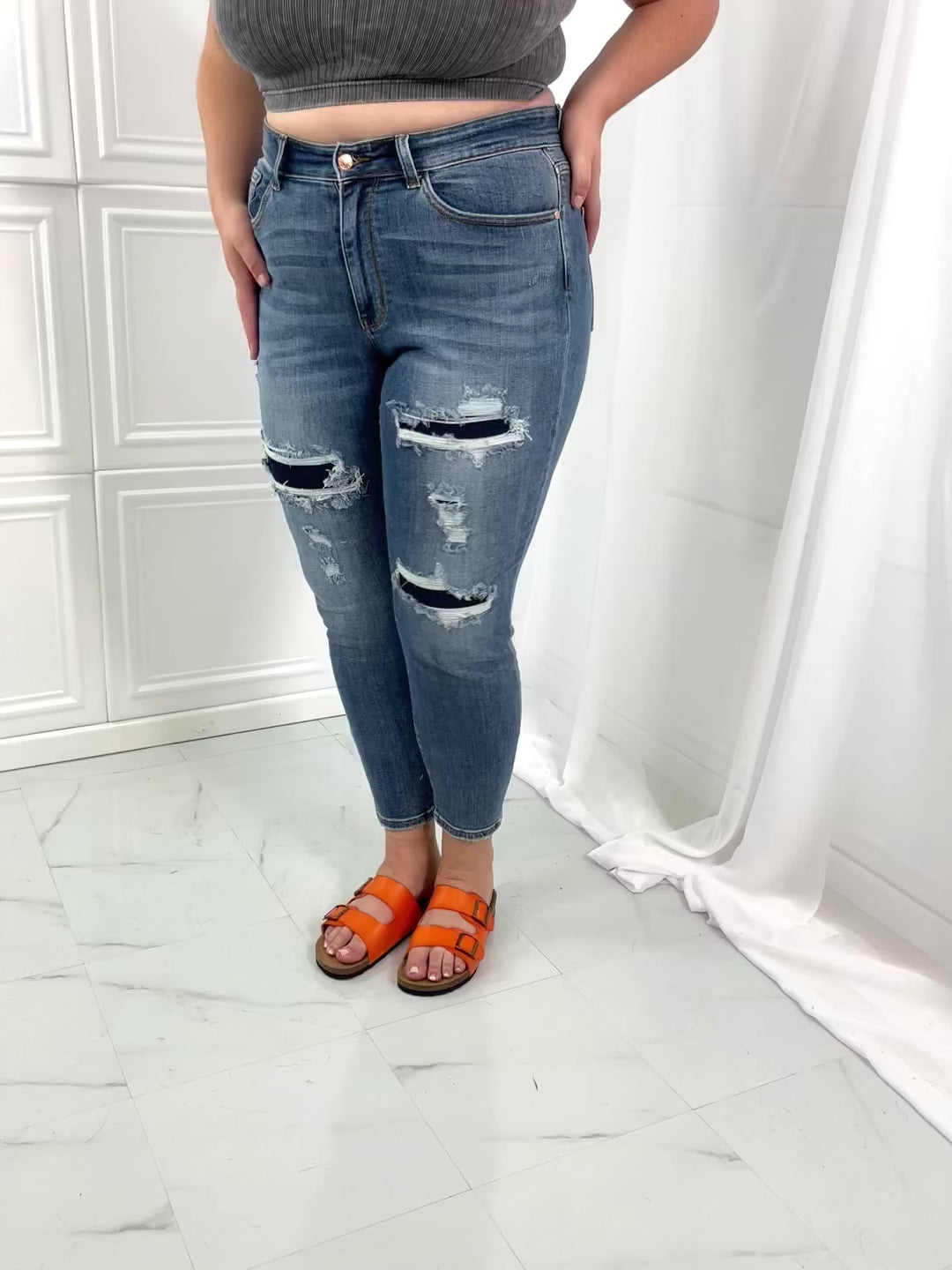 Full Size Distressed Patch Jeans