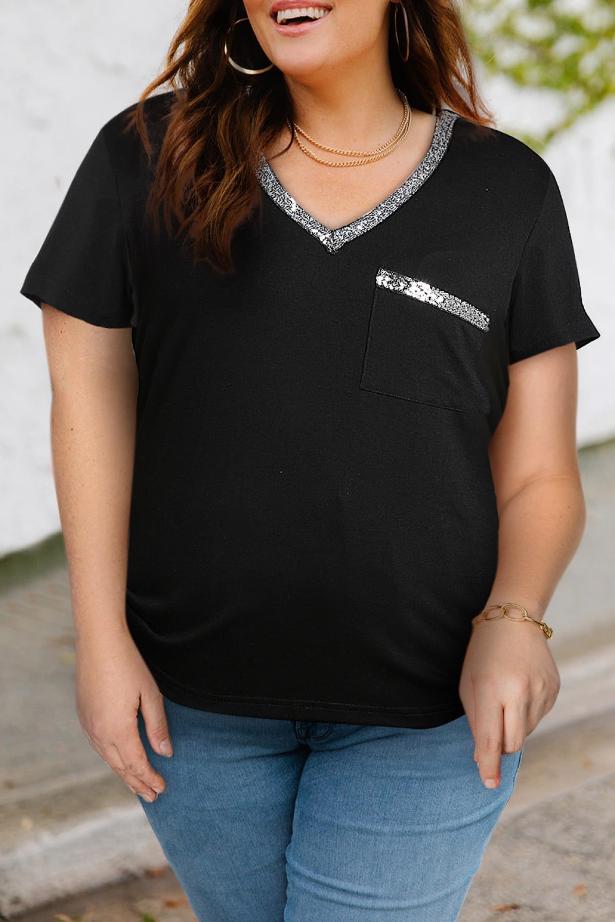 Plus Size Sequin Trim V Neck Chest Pocket Tee