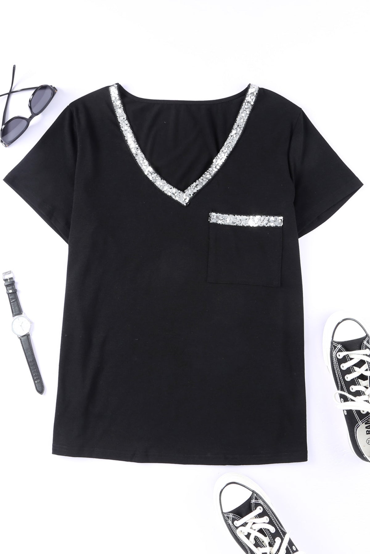 Plus Size Sequin Trim V Neck Chest Pocket Tee