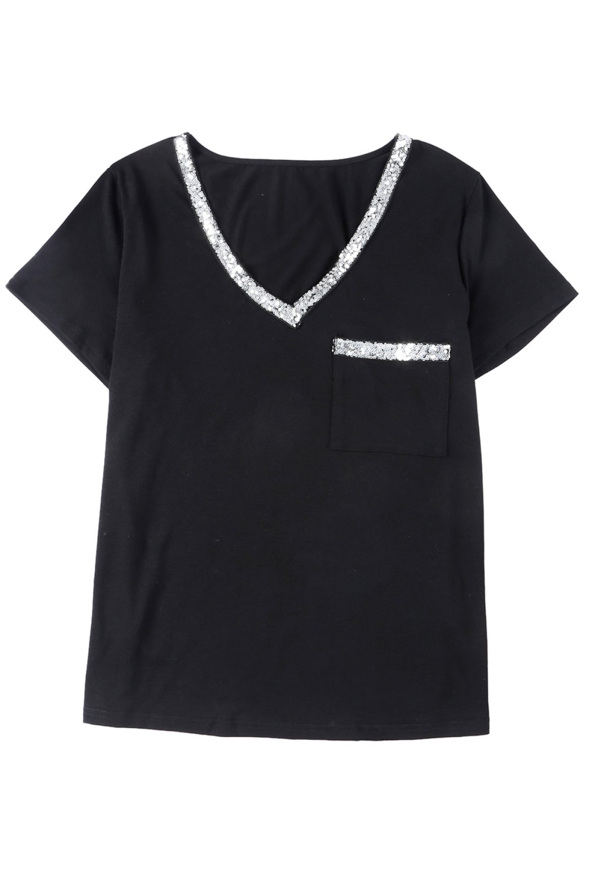 Plus Size Sequin Trim V Neck Chest Pocket Tee