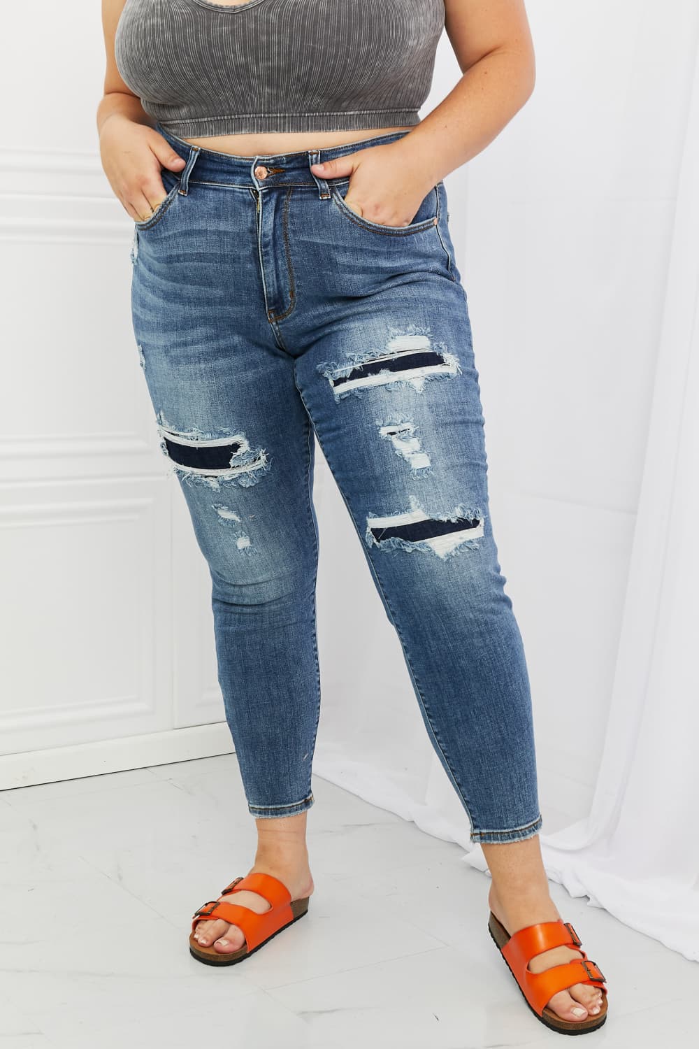 Full Size Distressed Patch Jeans