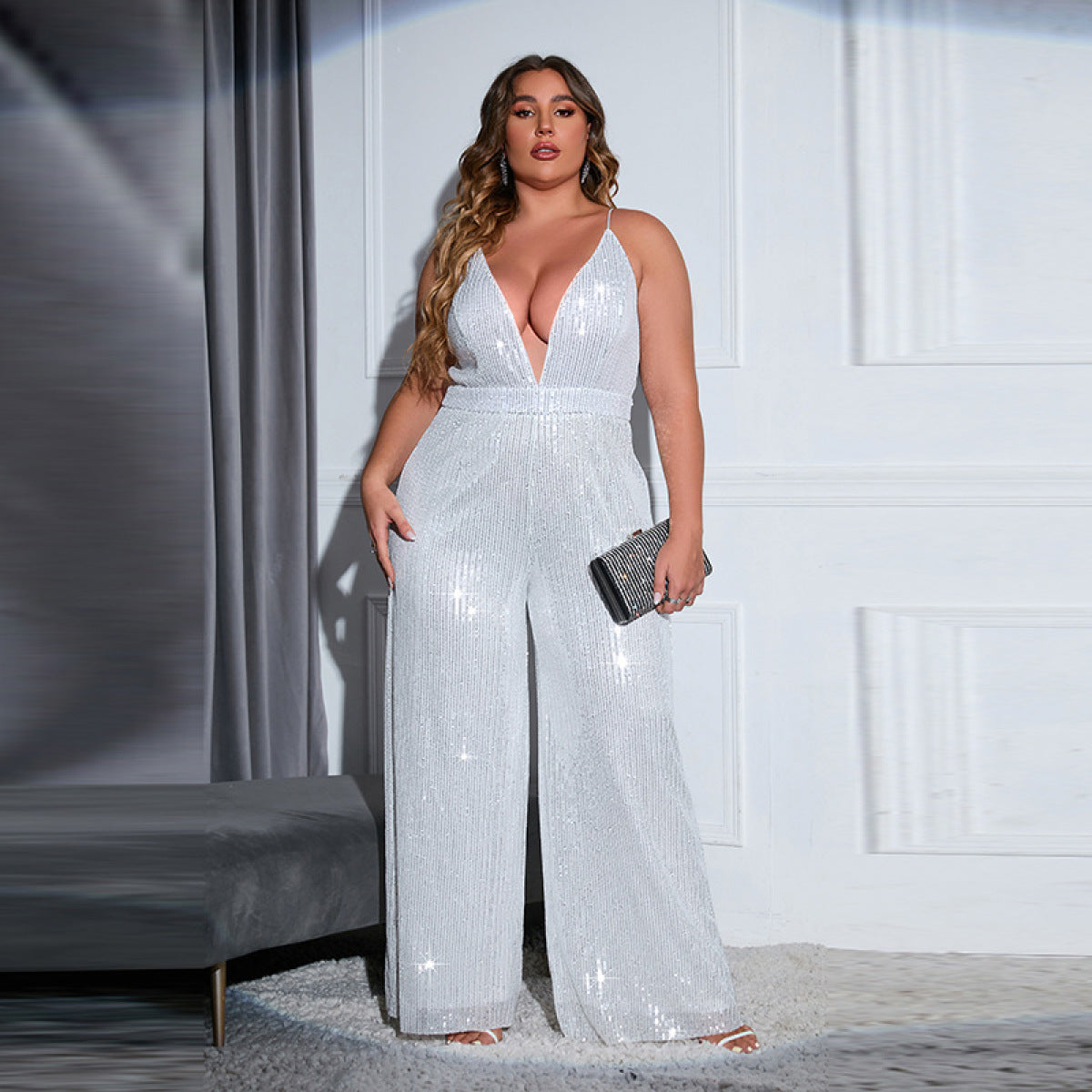 Plus Size Plunge Sequin Cami Jumpsuit